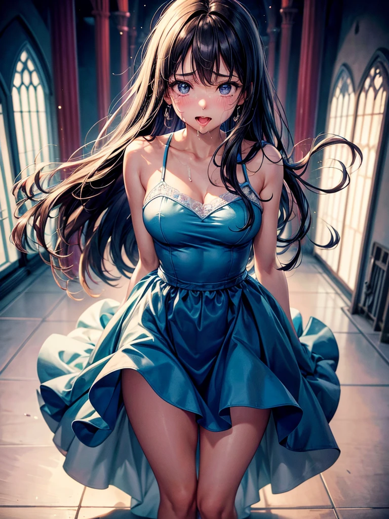 Highest Resolution,Highest quality,1People Girls,beautiful girl,Full body close-up,The body is frontal,looking at the camera,Standing posture,Crying face,Tears,Stringy saliva,Open your mouth,Sticking out tongue,Saliva,Tears overflow,Dripping a lot of saliva,Drooling,In a dress at church at night,