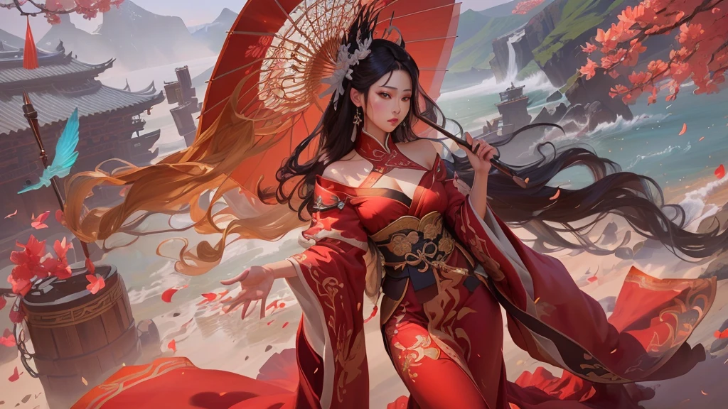a woman in red dress hanfu holding an umbrella and fan, onmyoji detailed art, onmyoji, a beautiful fantasy queen, artgerm and ruan jia, onmyoji portrait, extremely detailed artgerm, detailed artgerm, ruan jia and artgerm, sea queen mu yanling, artist mop
