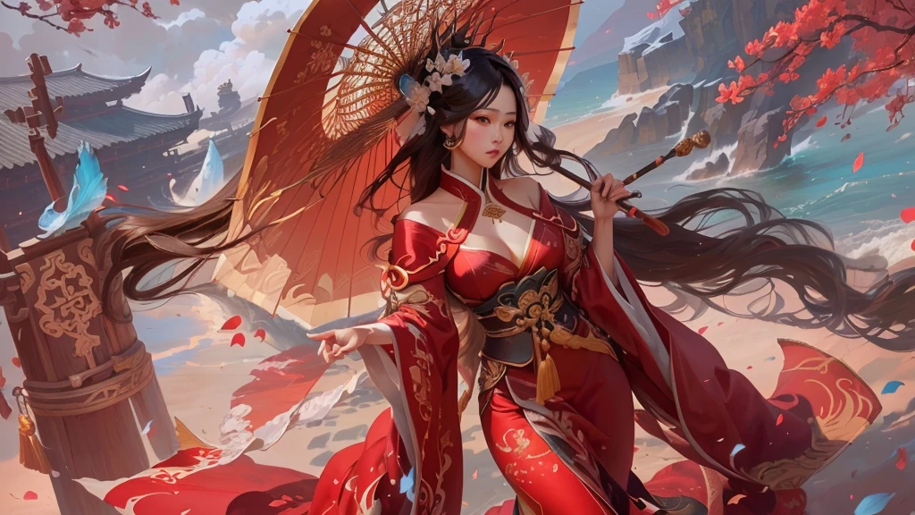 a woman in red dress hanfu holding an umbrella and fan, onmyoji detailed art, onmyoji, a beautiful fantasy queen, artgerm and ruan jia, onmyoji portrait, extremely detailed artgerm, detailed artgerm, ruan jia and artgerm, sea queen mu yanling, artist mop