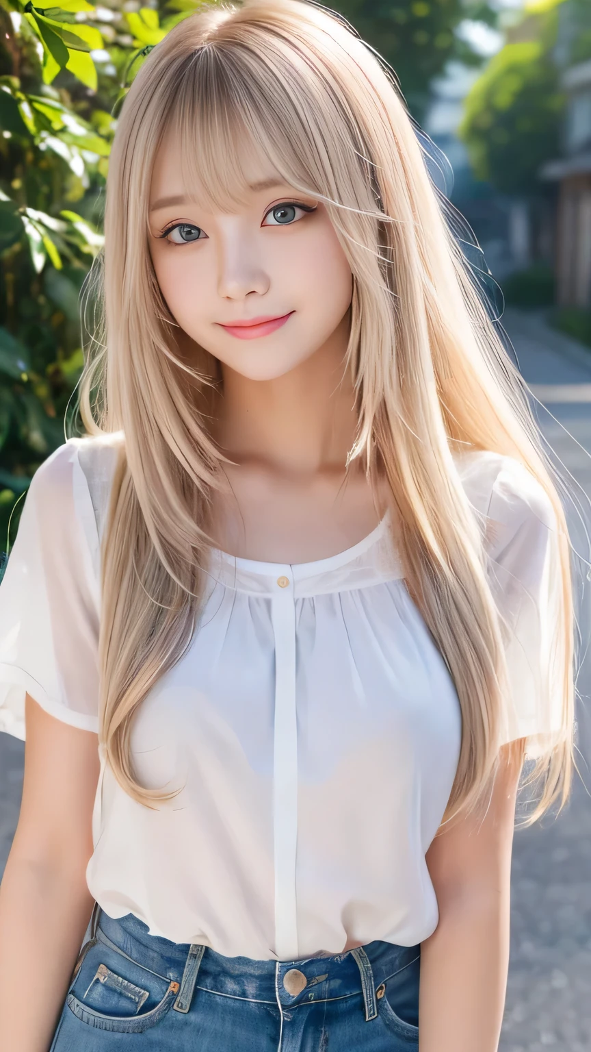 Sunburn marks on tanned skin、blush、smile、Multicolored hair color、Bangs on the face、Bangs between the eyes、Super long hair、Attractive light and dark platinum blonde super long straight silky liner hair、Beautiful bright transparent light blue big eyes that are charming and shining、A cute 15-year-old girl with a cute look, A strong wind blows my hair in front of my face、Beautiful big sparkling eyes, Cute eyes hidden by long bangs、Yawn、No visible nasolabial folds、A short, light-colored miniskirt、A cute and colorful summer shirt、Korean Beauty、Dark blush on the cheeks