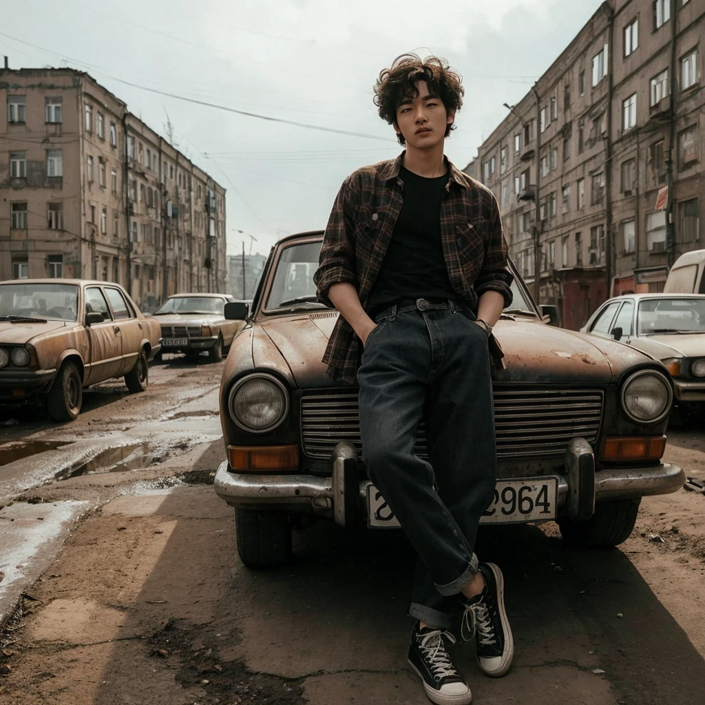 Nostalgic photo of a Korean man with curly hair,wearing a flannel shirt and black t-shirt,pants jeans and sneakers,standing leaning in front of a rusty old car from the Soviet era,most likely from the 1990s.The vehicle was parked on a damaged and potholed road,surrounded by dilapidated buildings in a Russian city.The atmosphere is reminiscent of the past,with a sense of fading glory and a hint of melancholy,dynamic lighting,handsome poses,friendly eyes looking at the camera