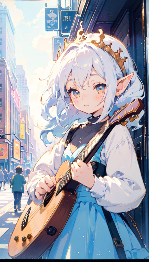 polaroid photo, masterpiece, best quality, cute chibi illustration, 1girl, the cloud elf queen busks on the streets of new york, spoken musical note, musical note, casual, playing guitar, relaxed, happy, film grain, soft lighting, glittering, sparkling, HDR, intimate close-up