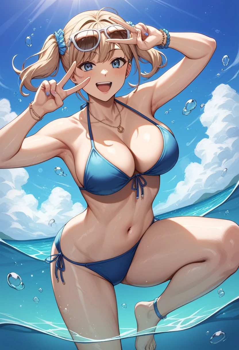 Highest quality, Very detailed, masterpiece, anime,Highest quality,Japanese High School Girl,One Girl,One Girl,Swimwear,bikini,Beach,Dynamic pose,open mouth,smile,Big Breasts,Transparent haori,nsfw,Underwater shot,One-handed peace sign