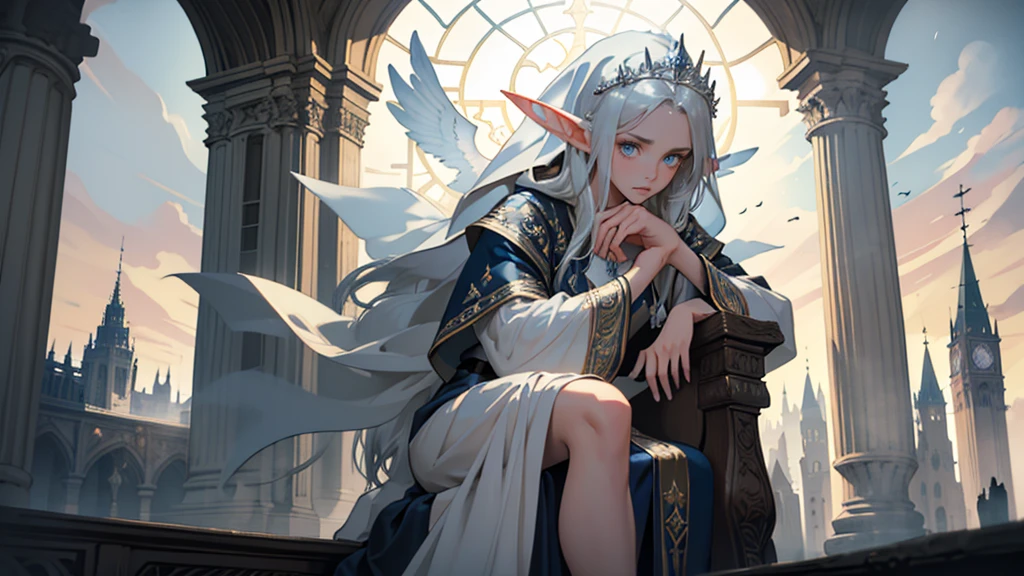 masterpiece, ultra detailed, 8K Portrait, Raw photo, a portrait photo of girl, Highly detailed face, beautiful and meticulous eyes, ((Fantasy)), (elf:1.0), 1woman, 40 year old, gray long hair, brown eyes, (melancholy expression:1.2), tiara, skinny, (ultra thin see-through dark blue silk dress), hooded long white coat Fluttering in the wind, ((bare foots)), Midday Sun, Hyper realistic, out of medieval white castle in the sky, sitting on the throne, Ambient lighting, Shadow details , strong breeze, Light fog, (divine:1.5),