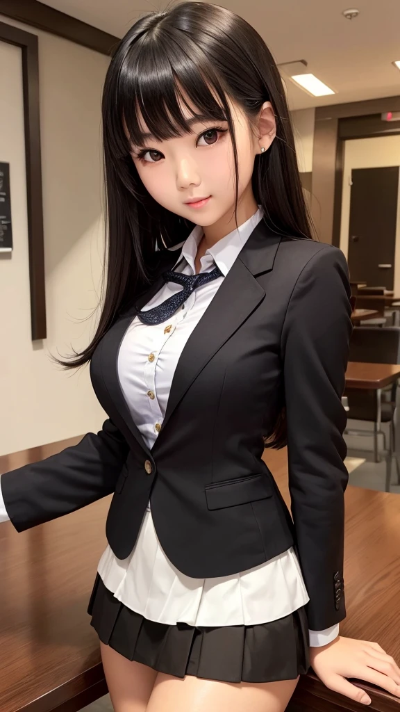 ((high quality)), ((Tabletop)), (Detailed face), (highlight), Asian Girl、Big breasts、thigh、Black Hair、Heavy bangs、high school girl、skirt、blazer、