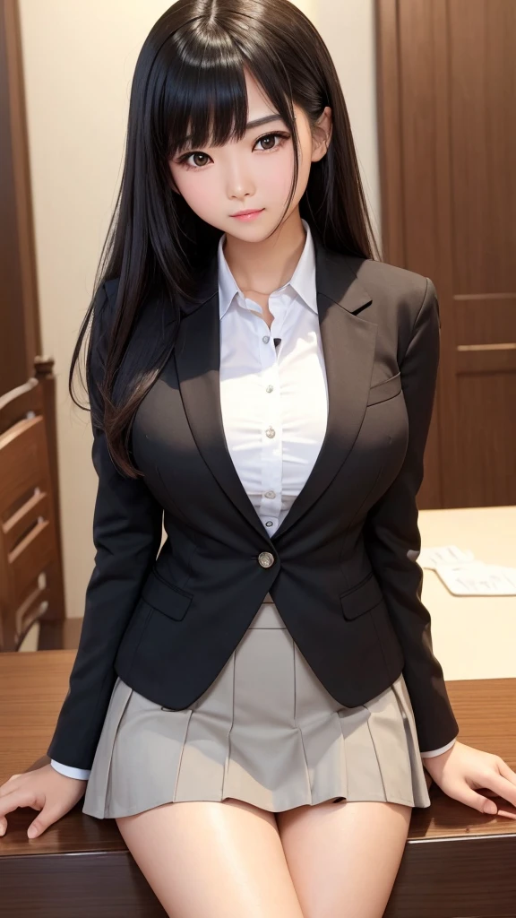 ((high quality)), ((Tabletop)), (Detailed face), (highlight), Asian Girl、Big breasts、thigh、Black Hair、Heavy bangs、high school girl、skirt、blazer、