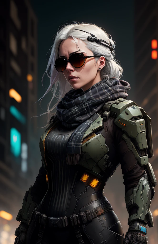 (dark shot:1.1), epic realistic, portrait of halo, sunglasses, blue eyes, tartan scarf, white hair by atey ghailan, by greg rutkowski, by greg tocchini, by james gilleard, by joe fenton, by kaethe butcher, gradient yellow, black, brown and magenta color scheme, grunge aesthetic!!! graffiti tag wall background, art by greg rutkowski and artgerm, soft cinematic light, adobe lightroom, photolab, hdr, intricate, highly detailed, (depth of field:1.4), faded, (neutral colors:1.2), (hdr:1.4), (muted colors:1.2), hyperdetailed, (artstation:1.4), cinematic, warm lights, dramatic light, (intricate details:1.1), complex background, (rutkowski:0.66), (teal and orange:0.4)