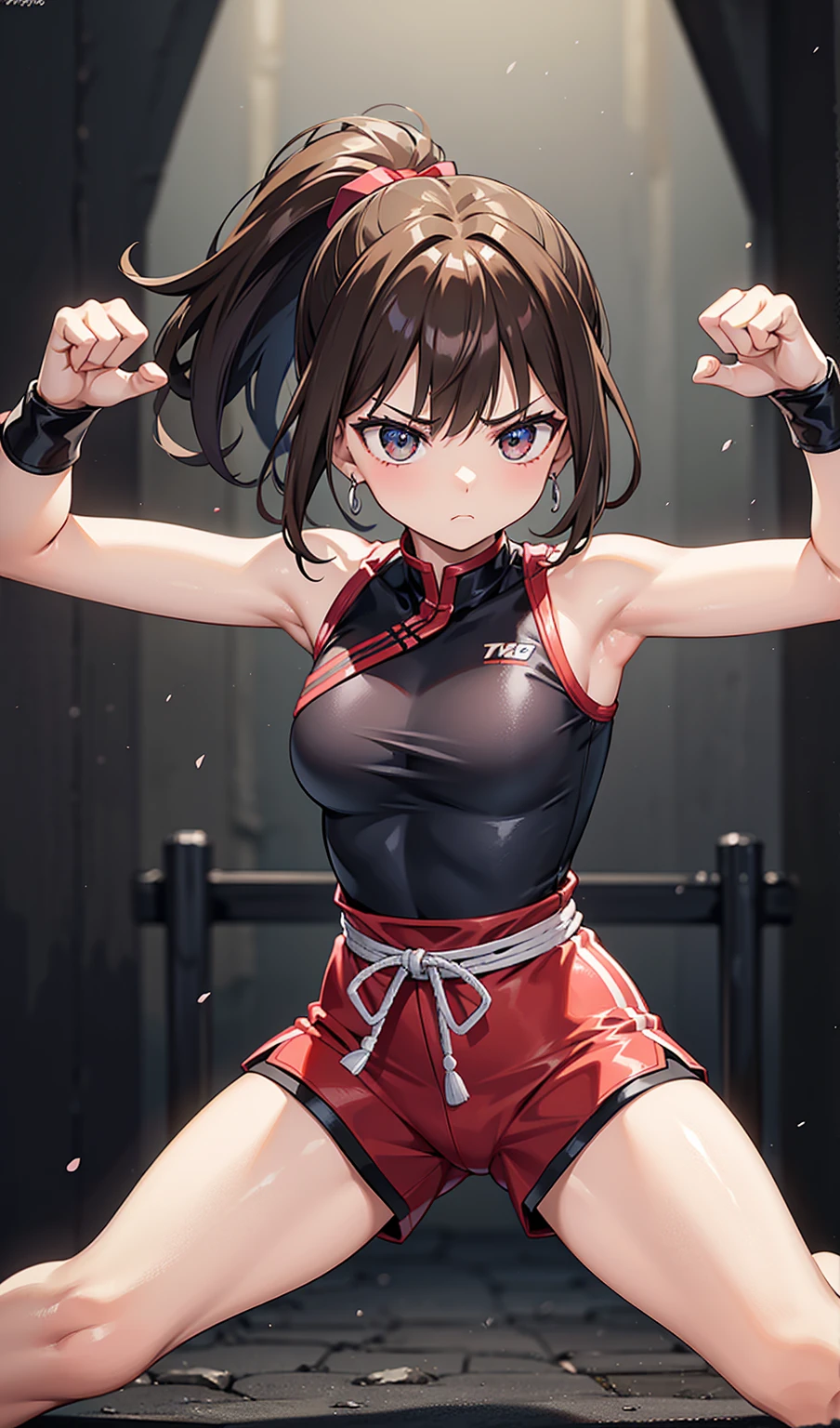 Human Woman、Serious expression、Underground Fighting Arena、Martial Arts Ring、Dark brown ponytail、Fighter、Uplifting、Shorts、Colorful fighting costume、Fighting Pose、Perfect hands、Perfect Fingers