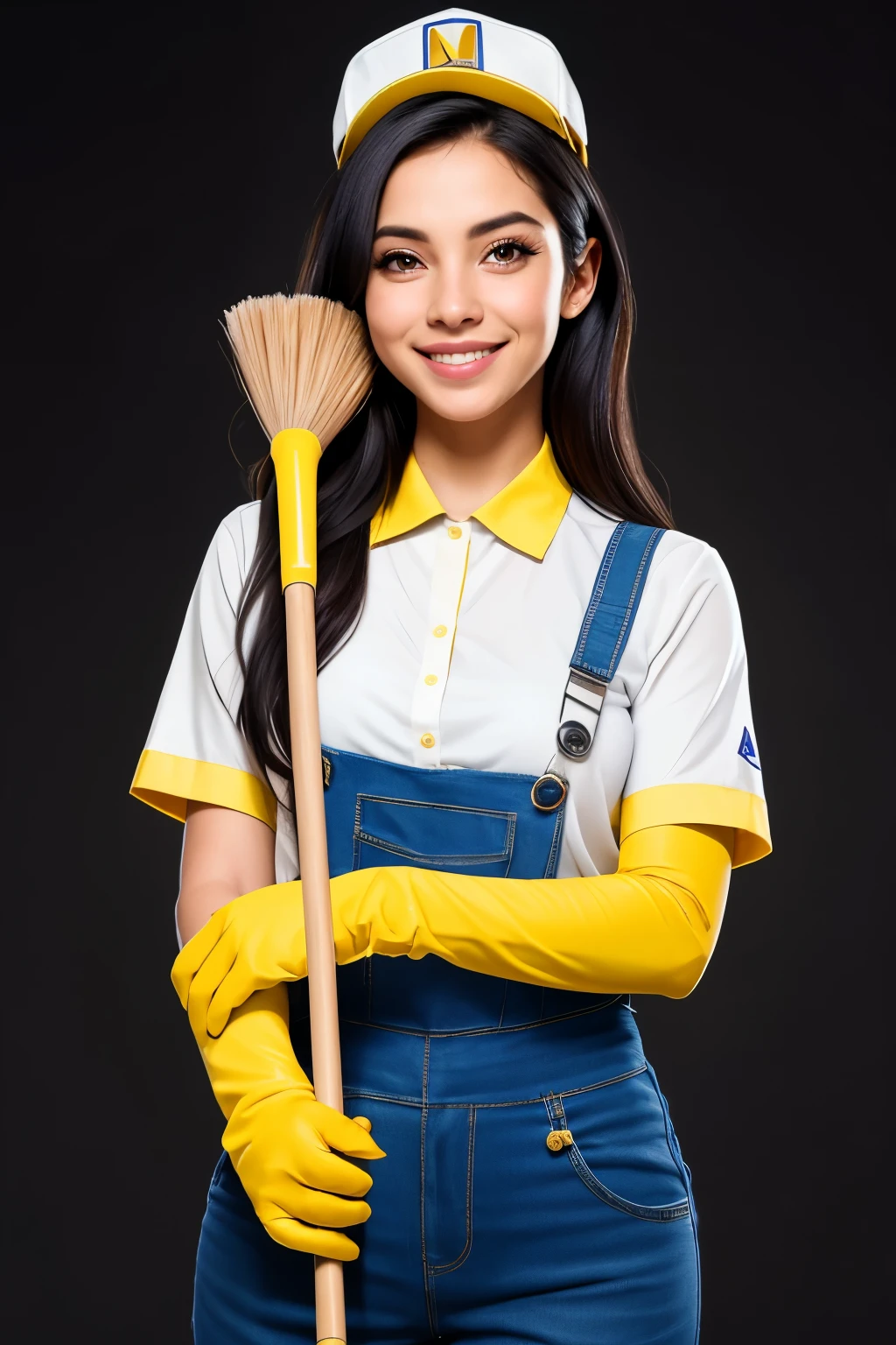 ((Best Quality)), ((Masterpiece)), (detailed), 1 very beautiful girl of Colombian origin, light eyes, 25 years old, long black hair, yellow cap, blue overall, white short sleeve shirt, yellow gloves, With one hand he holds a broom and with the other he smiles, She is very beautiful and is happy to be working.. the background is white and appears full body