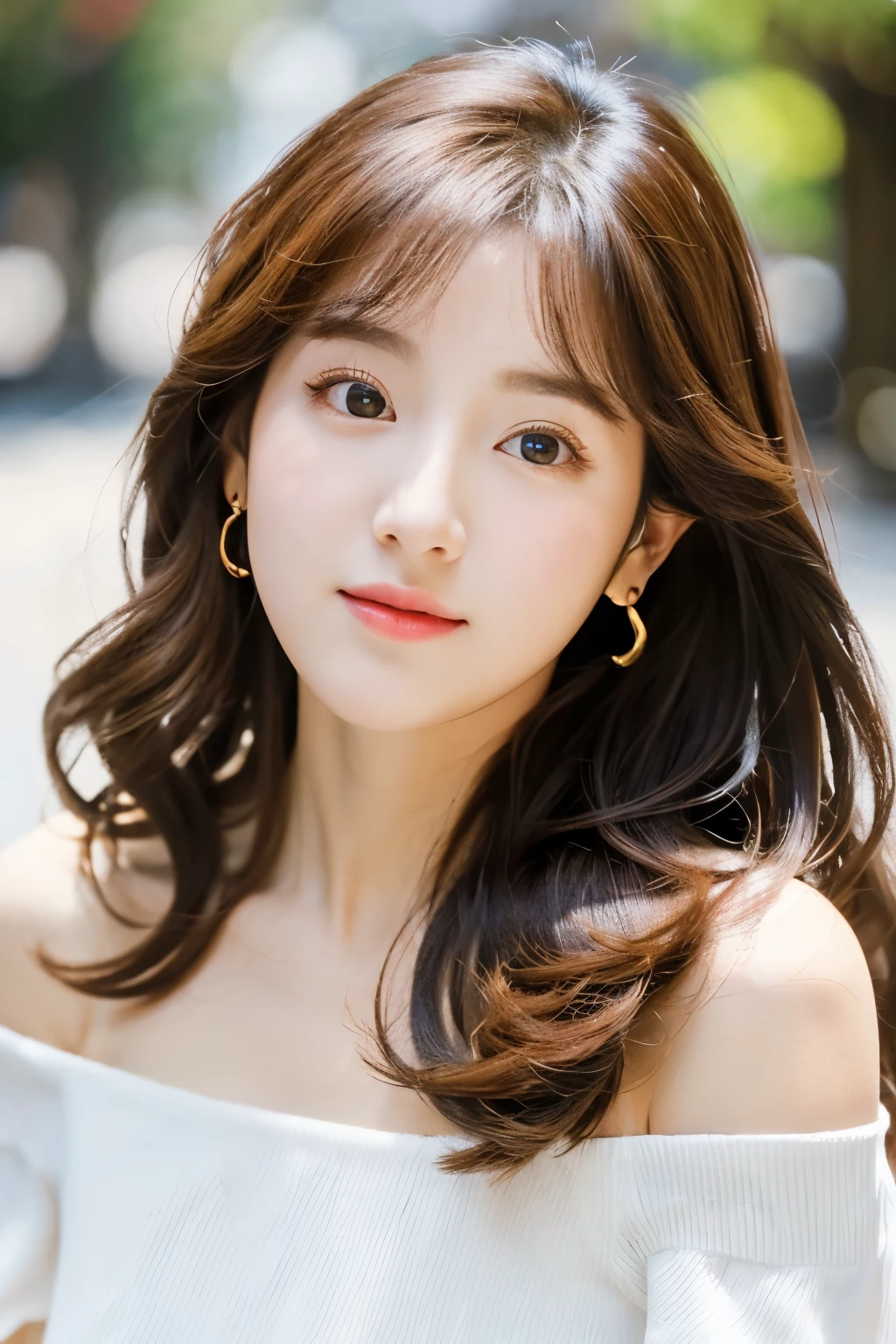 The location is Omotesando、Korean、elegant、elegant、Girl with long curly hair、turn、Off-shoulder、The face is beautiful、Big round eyes、Sunlight、Round Face、Wide Double Width、Crispy double layer、With bangs、Brown eyes、short nose、