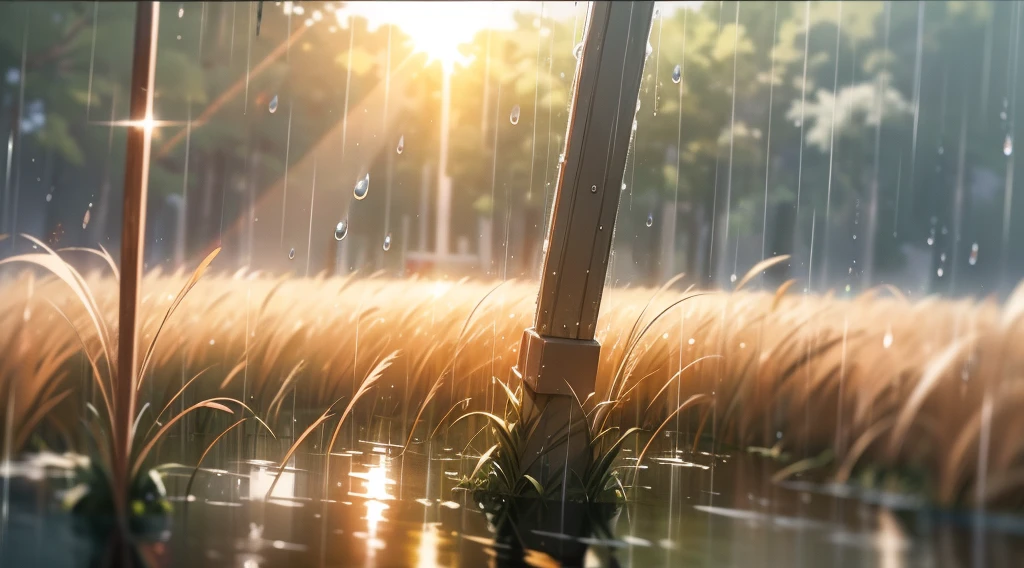 Ultra realistic, masterpiece quality, rain shower in open field ,(( sunlight reflecting through rain drops)), Cinematic, rain drops passing sunlight
