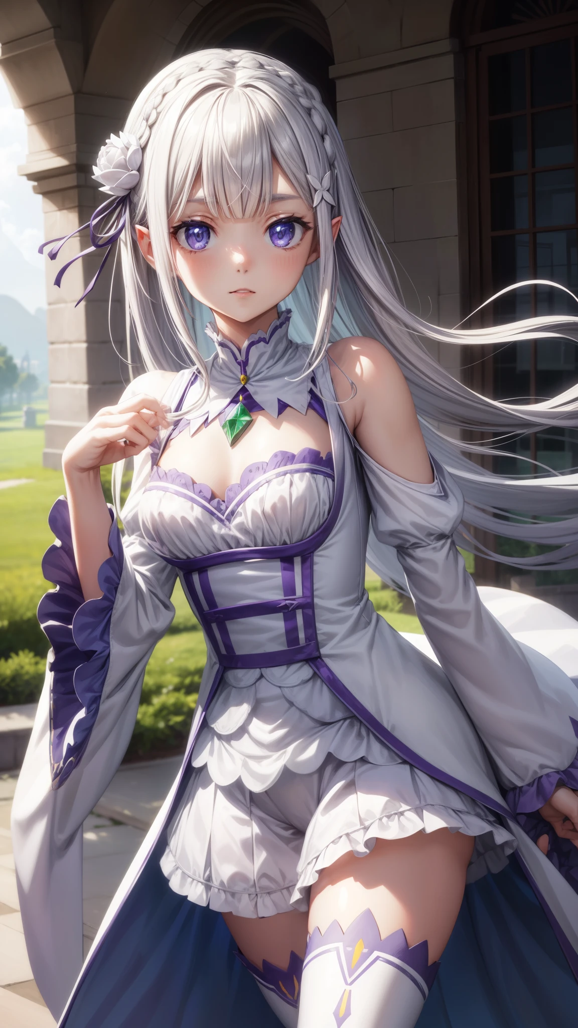 Subscribe to, emilia, weave, Crown braid, flower, hair flower, Hair decoration, love para el cabello, Long hair, pointy ears, (purple eyes:1.2), kana, x Hair decoration,
Collar separado romper, Separate sleeves, Ruffle sleeves, Link raids, long sleeve, mini skirt, Rock plisada, love, Rock, Thigh jumps, white rock, white sleeves, white thighs, wide sleeves, zettai ryouiki,
PEACE in the open air, Stadt,
REST looks at the viewer, romper (masterpiece:1.2), The best quality, high resolution, Unity 8k wallpaper, (Illustration:0.8), (beautiful detailed eyes:1.6), extremely detailed face, perfect lightning, extremely detailed CG, (perfect hands, perfect anatomy),