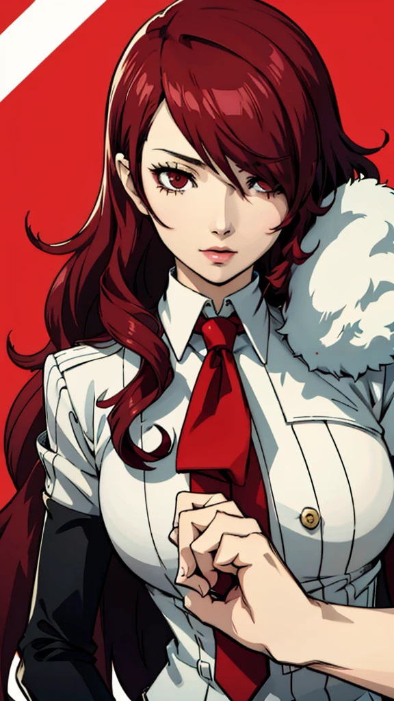 Mitsuru kirijo, face portrait, suit, tie, red eyes, long hair, hair over one eye , hair over one eye,