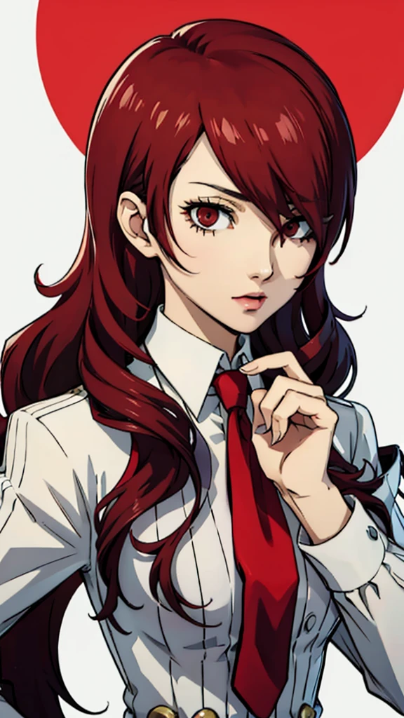 Mitsuru kirijo, face portrait, suit, tie, red eyes, long hair, hair over one eye , hair over one eye,