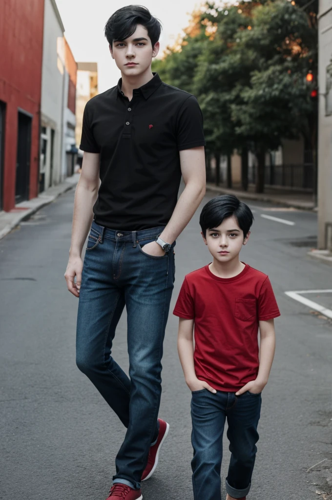 1 boy with short black hair, black eyes, pale skin red shirt, jeans
