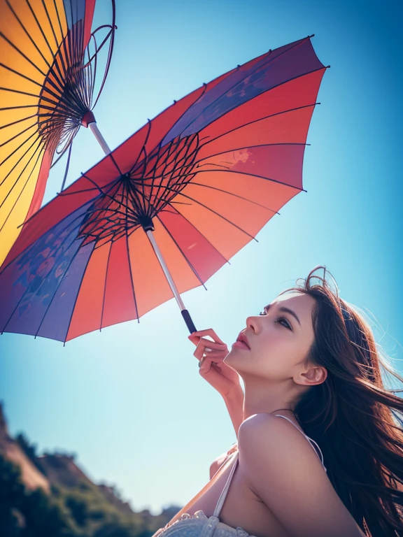 A girl floating in the air holding a large colorful umbrella, low angle view, blue sky background, (best quality,4k,8k,highres,masterpiece:1.2),ultra-detailed,(realistic,photorealistic,photo-realistic:1.37),fantasy,magical realism,dreamy,whimsical,vibrant colors,dramatic lighting,soft focus,cinematic,intricate details,stunning composition