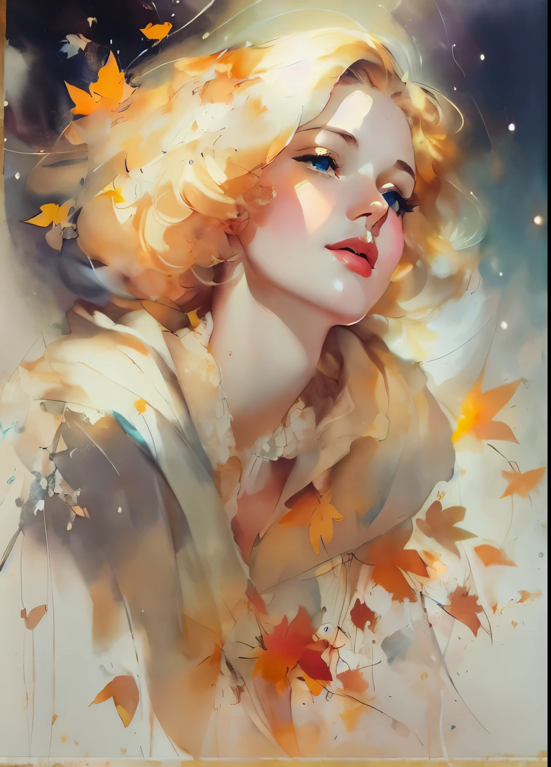GIL ELVGREN A Lady,Agnes Cecil (agnes cecile) make move, Luminous design, Soft colors, Ink drops, Autumn Lights