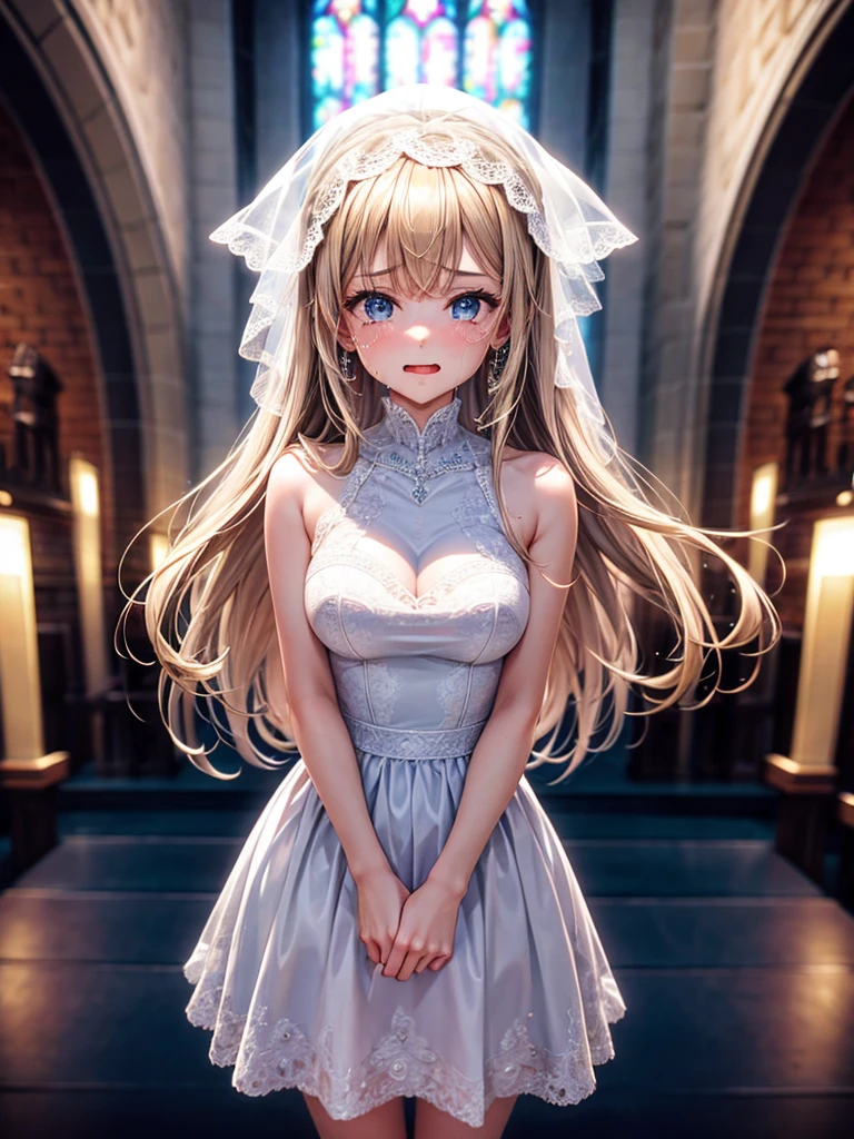 Highest Resolution,Highest quality,1People Girls,beautiful girl,Full body close-up,The body is frontal,looking at the camera,Standing posture,Crying face,Tears,Stringy saliva,Open your mouth,Sticking out tongue,Saliva,Tears overflow,Dripping a lot of saliva,Drooling,In a dress at church at night,Wedding dress,