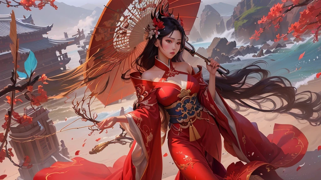 a woman in red dress hanfu holding an umbrella and fan, onmyoji detailed art, onmyoji, a beautiful fantasy queen, artgerm and ruan jia, onmyoji portrait, extremely detailed artgerm, detailed artgerm, ruan jia and artgerm, sea queen mu yanling, artist mop