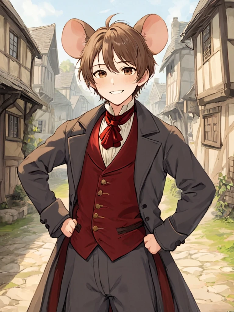 1boy, solo, kemonomimi, Mouse boy, mouse ears, mouse tail, chin length brown hair, brown eyes, young, short, hands on hips, 1840s era clothing, tattered clothing, Frock coat, red cravat, smirking, fair-skinned, looking up at viewer, village background