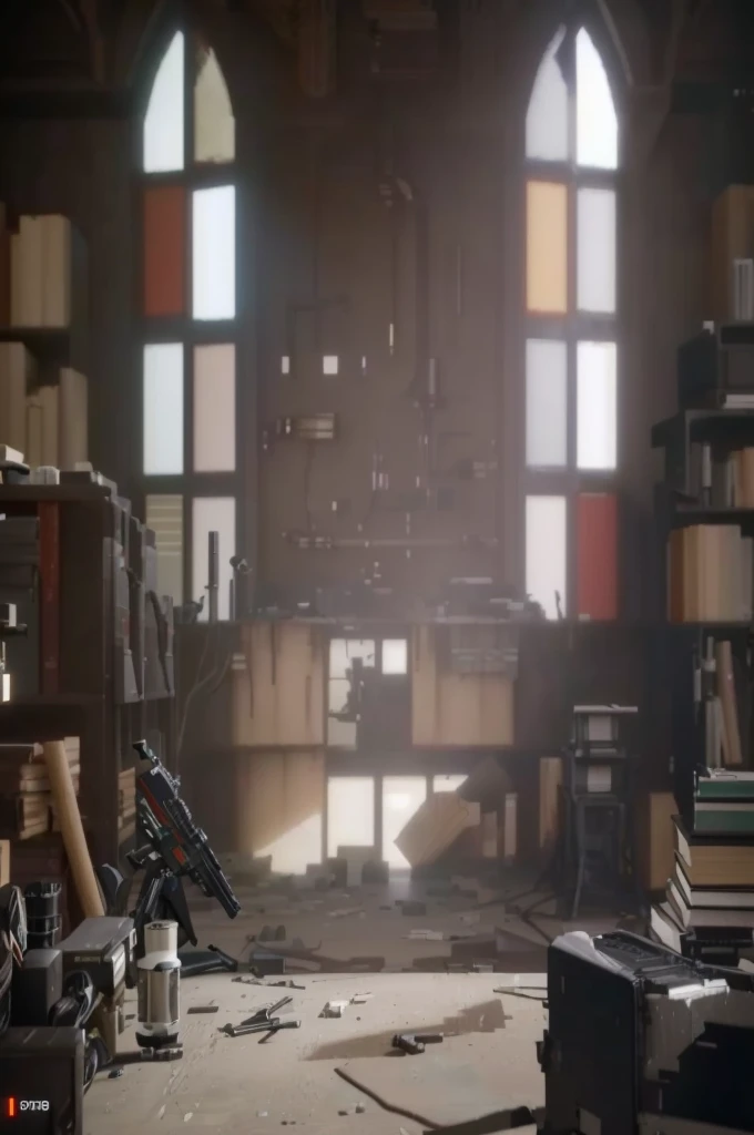 There is a table with a bunch of books and a camera, Interior cyberpunk mosque, Detailed cinematic shot, YouTube video screenshot, Video game screenshot>, dusty library, Unreal Engine 5 details, Cinematic screen capture for PS5, Introduced Unreal Engine 5, Unreal Engine 5 Introduction, Shot from a movie, Screenshot of the game, Introducing detailed Unreal Engine 5, Made in Unreal Engine 5