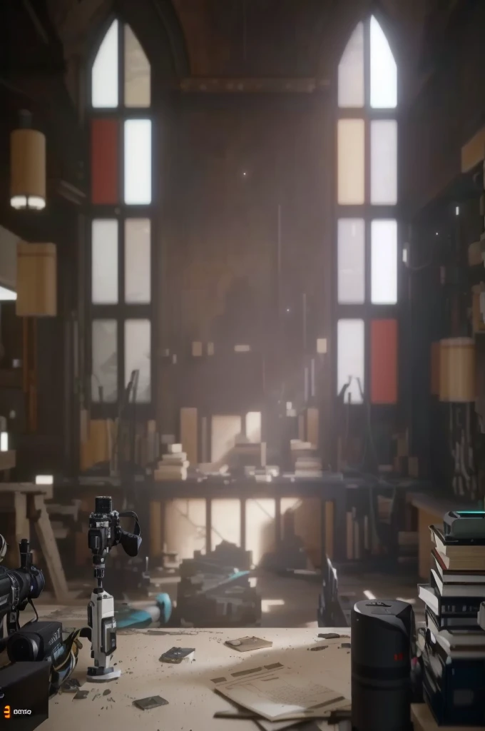 There is a table with a bunch of books and a camera, Interior cyberpunk mosque, Detailed cinematic shot, YouTube video screenshot, Video game screenshot>, dusty library, Unreal Engine 5 details, Cinematic screen capture for PS5, Introduced Unreal Engine 5, Unreal Engine 5 Introduction, Shot from a movie, Screenshot of the game, Introducing detailed Unreal Engine 5, Made in Unreal Engine 5