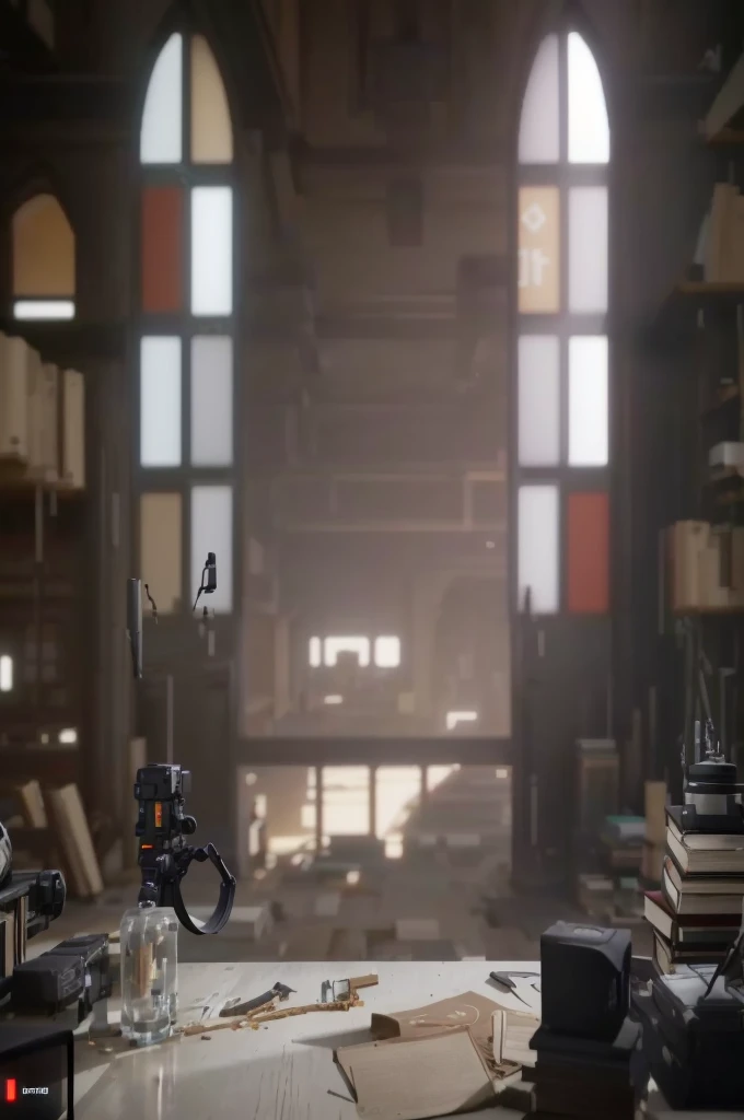 There is a table with a bunch of books and a camera, Interior cyberpunk mosque, Detailed cinematic shot, YouTube video screenshot, Video game screenshot>, dusty library, Unreal Engine 5 details, Cinematic screen capture for PS5, Introduced Unreal Engine 5, Unreal Engine 5 Introduction, Shot from a movie, Screenshot of the game, Introducing detailed Unreal Engine 5, Made in Unreal Engine 5
