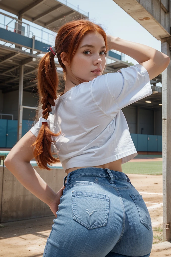 1 girl with red hair in pigtails, facing the screen, hair woven with flowers, white skin, big breasts, big butt, blue jeans, white t-shirt, angel wings, baseball field background, standing and posing