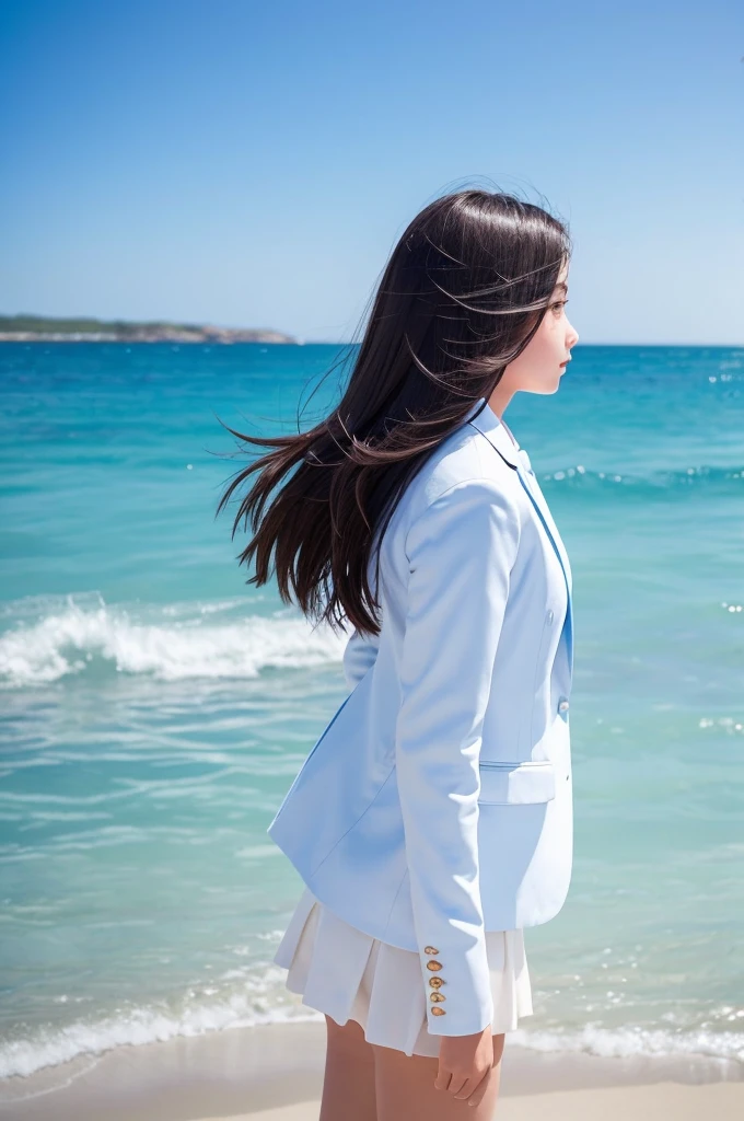 A beautiful beach with clear blue water and white sand, a high school girl in a blazer uniform standing at the edge of the waves, looking out to the sea with a gentle sea breeze blowing through her hair, evoking a sense of youthful freedom.
From afar　The uniform does not include a blazer