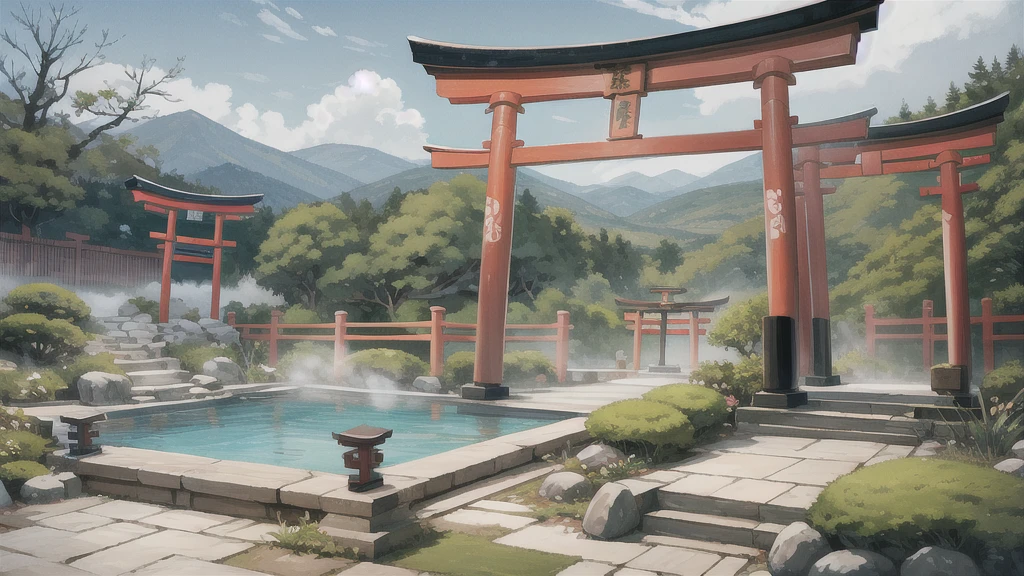 Cute art style, open-air bath, small torii gate, hot spring, illustration, background only