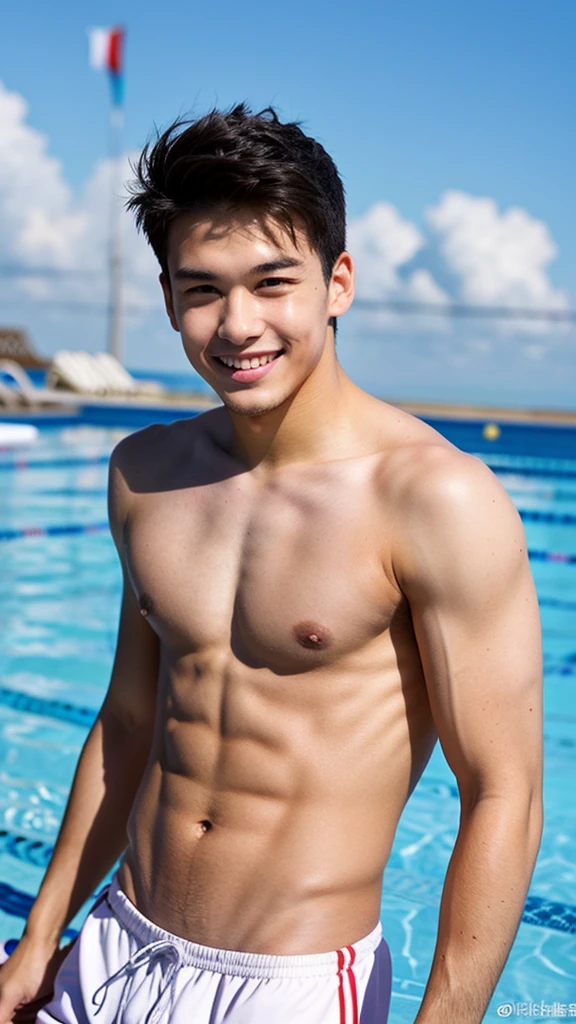 male Age 29 swimwear lifeguard topless smile