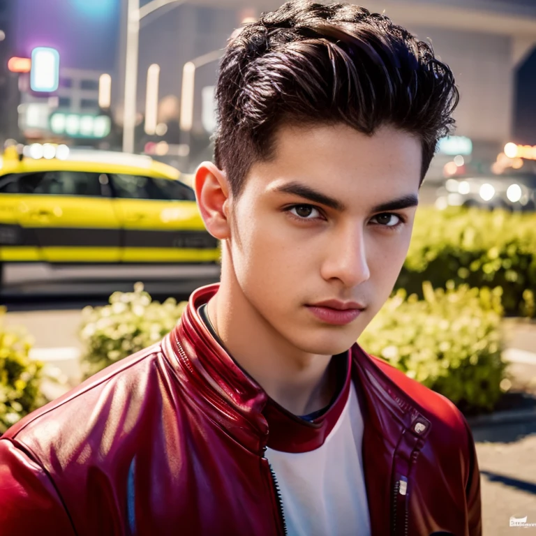 Aarav man, 25 years old, short black haircut, standing in the middle of the road., Hero Moves, standing next to car, Nissan 350z middle shot, The promotion is still on., The promotion is still on., Zach Retz, Shot with canon eos r5, Shot with canon eos r5, moody movie lighting, Rafael Pernaz, Photo Editor, Alexander Rostov, Still from Riverdale, Portrait 8 k, cyberpunk noir, ultra realistic, neon, photography model, raw image, dsrl, neon signs, purple, light blue, red