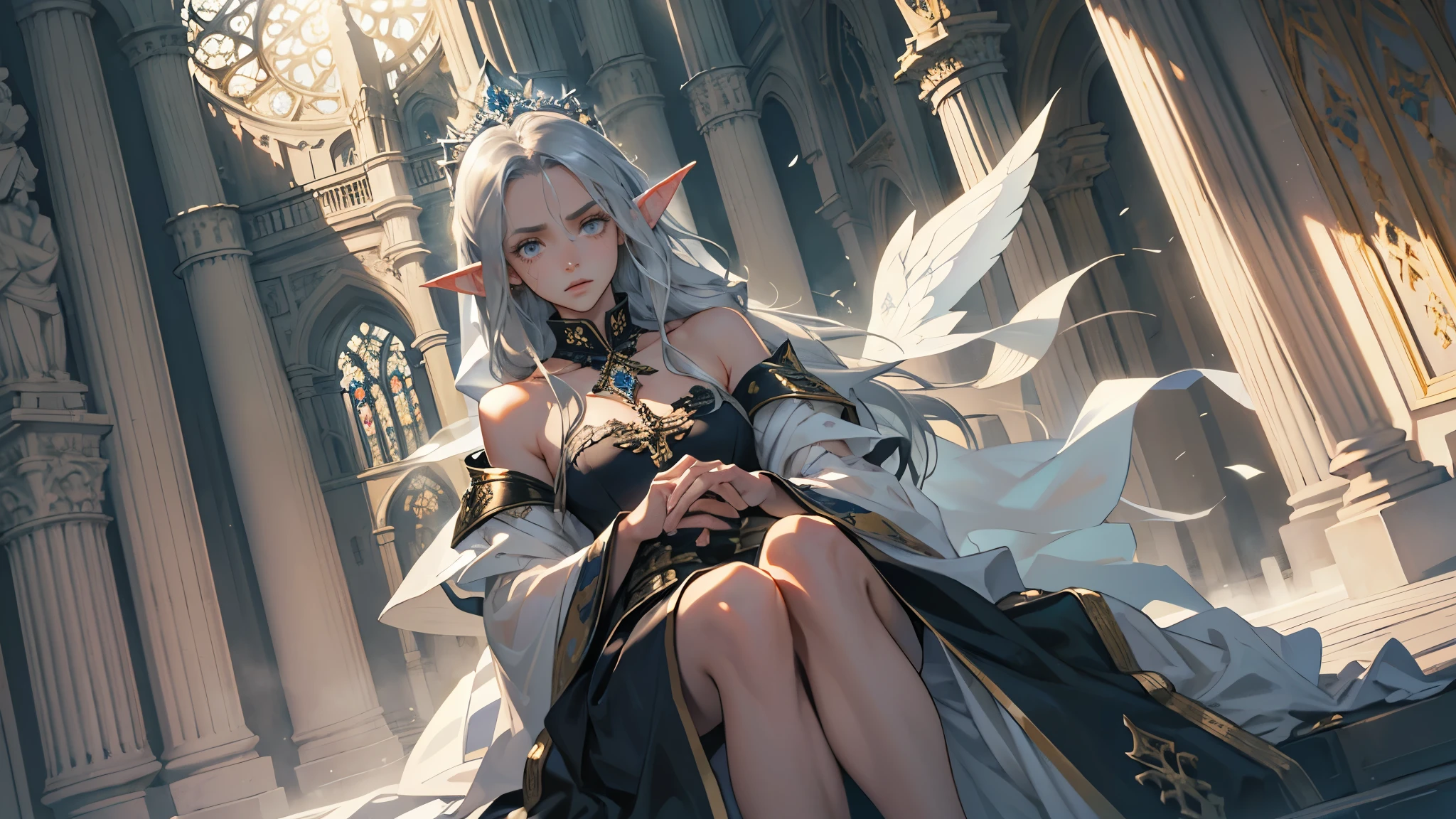 masterpiece, ultra detailed, 8K Portrait, Raw photo, a portrait photo of girl, Highly detailed face, beautiful and meticulous eyes, ((Fantasy)), (elf:1.0), 1woman, 40 year old, gray long hair, brown eyes, (melancholy expression:1.2), tiara, skinny, (ultra thin see-through dark blue silk dress), hooded long white coat Fluttering in the wind, ((bare foots)), Midday Sun, Hyper realistic, out of medieval white castle in the sky, sitting on the throne, Ambient lighting, Shadow details , strong breeze, Light fog, (divine:1.5),