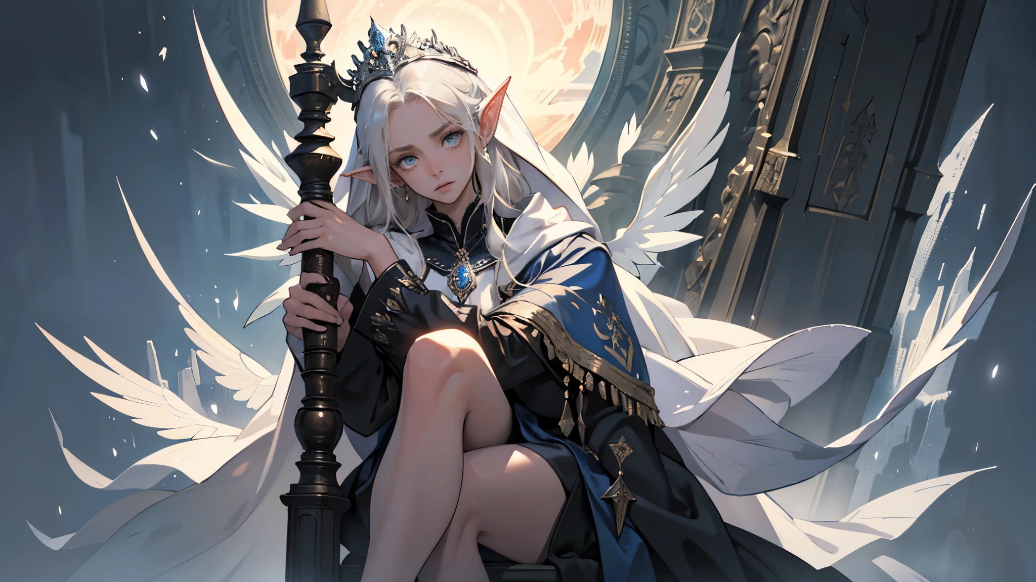 masterpiece, ultra detailed, 8K Portrait, Raw photo, a portrait photo of girl, Highly detailed face, beautiful and meticulous eyes, ((Fantasy)), (elf:1.0), 1woman, 40 year old, gray long hair, brown eyes, (melancholy expression:1.2), tiara, skinny, (ultra thin see-through dark blue silk dress), hooded long white coat Fluttering in the wind, ((bare foots)), Midday Sun, Hyper realistic, out of medieval white castle in the sky, sitting on the throne, Ambient lighting, Shadow details , strong breeze, Light fog, (divine:1.5),