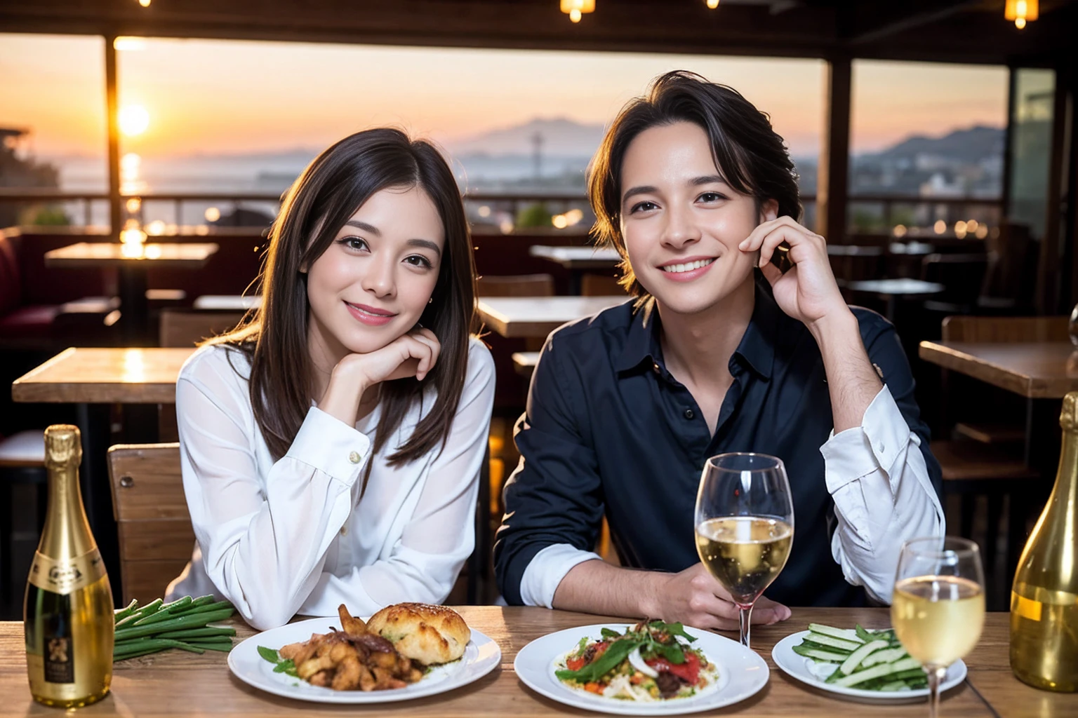 ((Highest quality、8K、masterpiece:1.3))、1 male 1 female、lover、Beautiful couple、Happy smile、full-course dinner、 (Slim face), (the body is スリム), (Brown Hair), (Shortcuts), ((Bob Hale、Straight hair:1.2)), テーブルの上のwine glass、Put the light on your face、 Amazing view of the sunset sky and clouds、The beauty of a smile、Bright image、Blushing, Shortcuts, (Age 35), 39 years old, Appetizers、Italian food、Wine bottle、Champagne、sparkling wine、Long sleeve shirt、dress、Attractive beauty、restaurant, Nova Frog Style, actress, model, Upper Body, White wine, red wine, wine glass, 