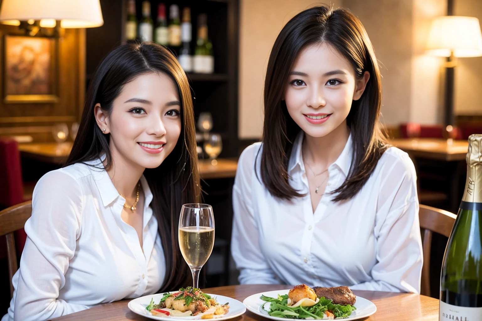 ((Highest quality、8K、masterpiece:1.3))、1 male 1 female、lover、Beautiful couple、Happy smile、full-course dinner、 (Slim face), (the body is スリム), (Brown Hair), (Shortcuts), ((Bob Hale、Straight hair:1.2)), テーブルの上のwine glass、Put the light on your face、 Amazing view of the sunset sky and clouds、The beauty of a smile、Bright image、Blushing, Shortcuts, (Age 35), 39 years old, Appetizers、Italian food、Wine bottle、Champagne、sparkling wine、Long sleeve shirt、dress、Attractive beauty、restaurant, Nova Frog Style, actress, model, Upper Body, White wine, red wine, wine glass,
