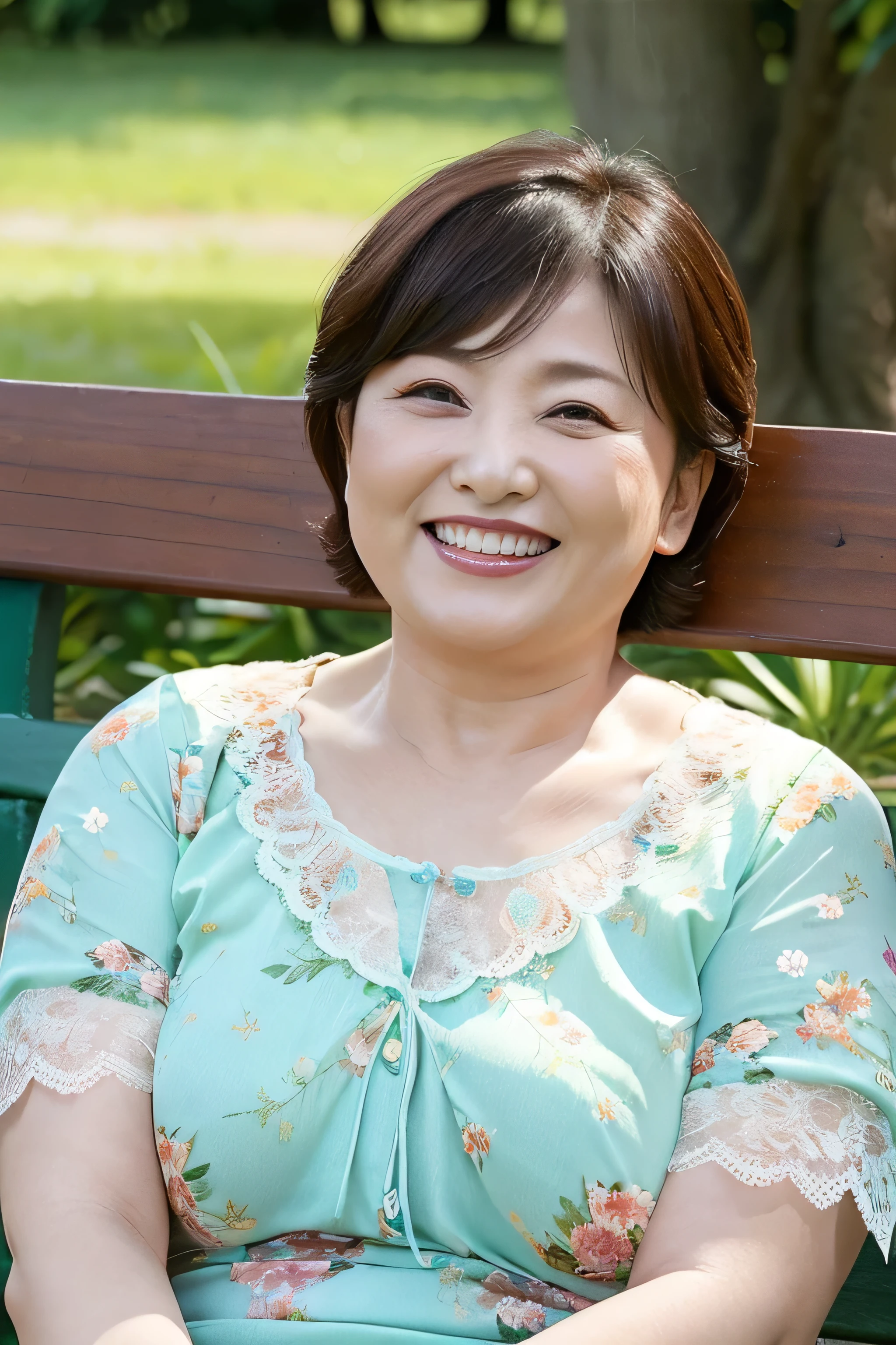 Sitting on a park bench, Wrinkles around the eyes, Smiling with teeth showing, Plain short-sleeved clothing, senior citizen, Draw lips correctly, Red lipstick, No discomfort, 16K, Highest quality, Very detailed, Realistic, Very detailed肌, (Japanese), (alone), 60 years old, Large Breasts, , Glamour, sexy, Chromo White Skin, Staring straight ahead,