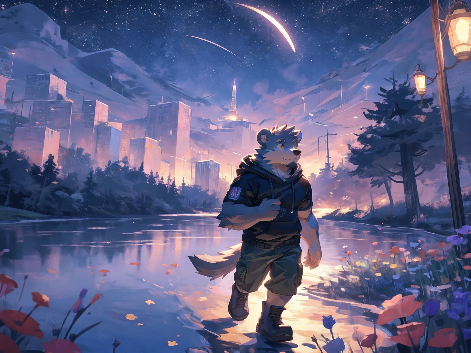 (masterpiece:1.2), best quality,pixiv,official art,perfect anatomy, (Ray tracing, light),solo, (1_male:1.3) , (muscle), (grey fur:1.4), (muscle bear), (beard:1.2), (gleaming golden eyes), bear tail, Thick black eyebrows,(black open hoodie is hike up:1.3), (t-shirt inside:1.2), cargo pants, short boots, (A skyline at lakeland:1.3), with twinkling stars and a bright Milky Way. character is running on the flower road with lake