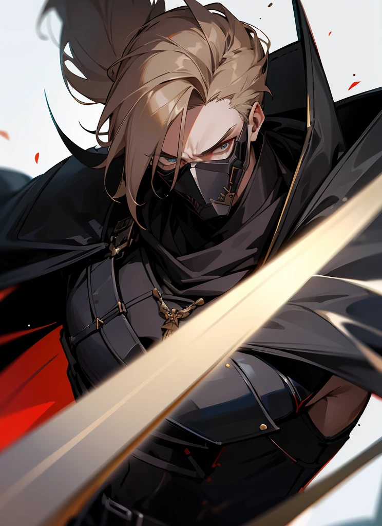 1 , handsome fashion hair,bronze hair highlightwhite, fanstasy, smile face, male ,fantasy, reaper, hunter with blackshortsword, villian face, black armor , darkness wolrd, bad, devil mask