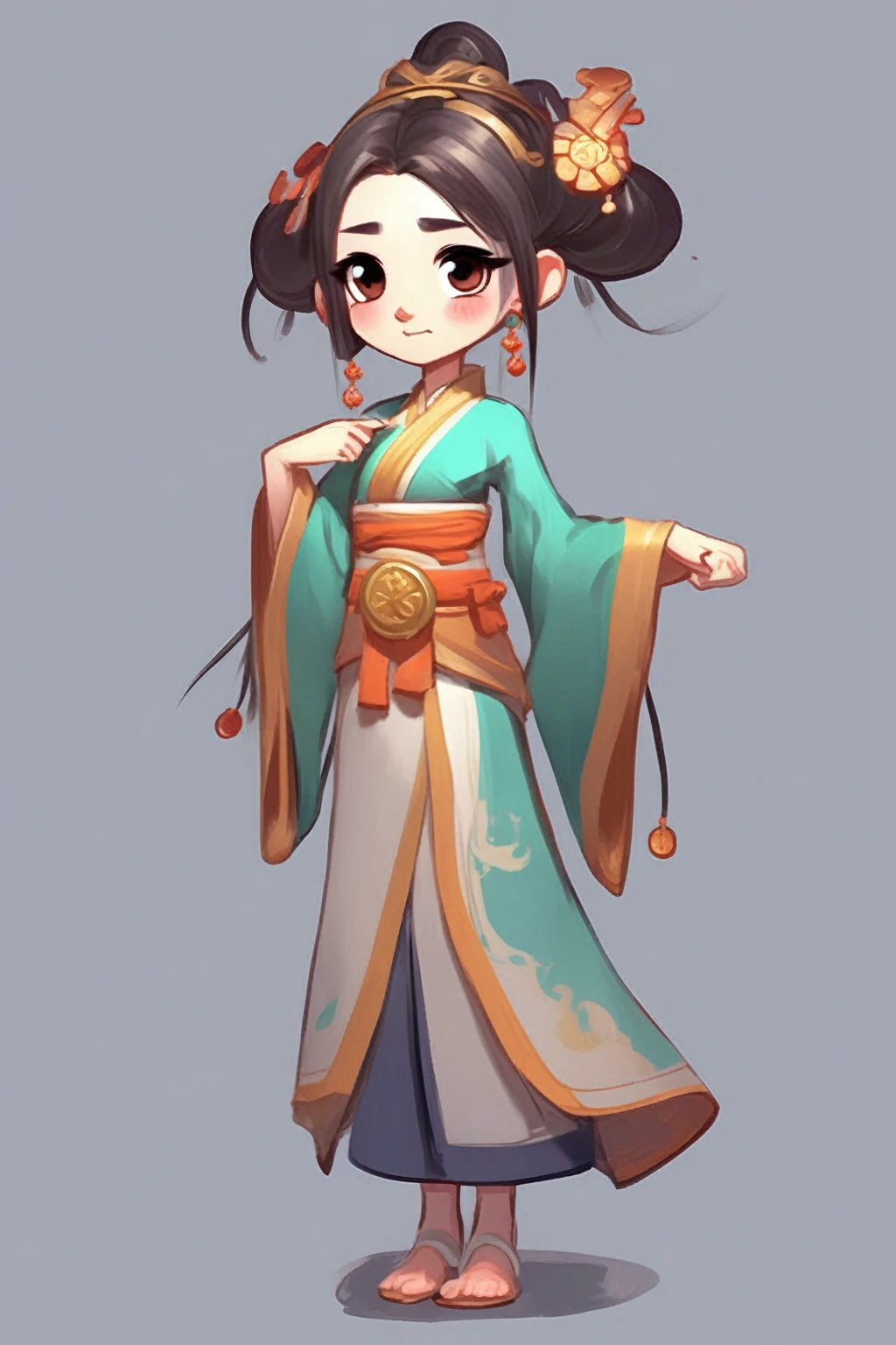 Character Design - Female character design holding a bronze mirror in both hands Hanfu Qixiong skirt Game style Eight-way movement Cartoon art style Elegant and cute expression Colorful and vibrant design Exaggerated or stylized features Dynamic and action-packed poses Whimsical or fantasy effects Unique or magical abilities Expressive eyes and facial features Signature hairstyle or headdress Detailed and smooth animation Charming and cute personality.