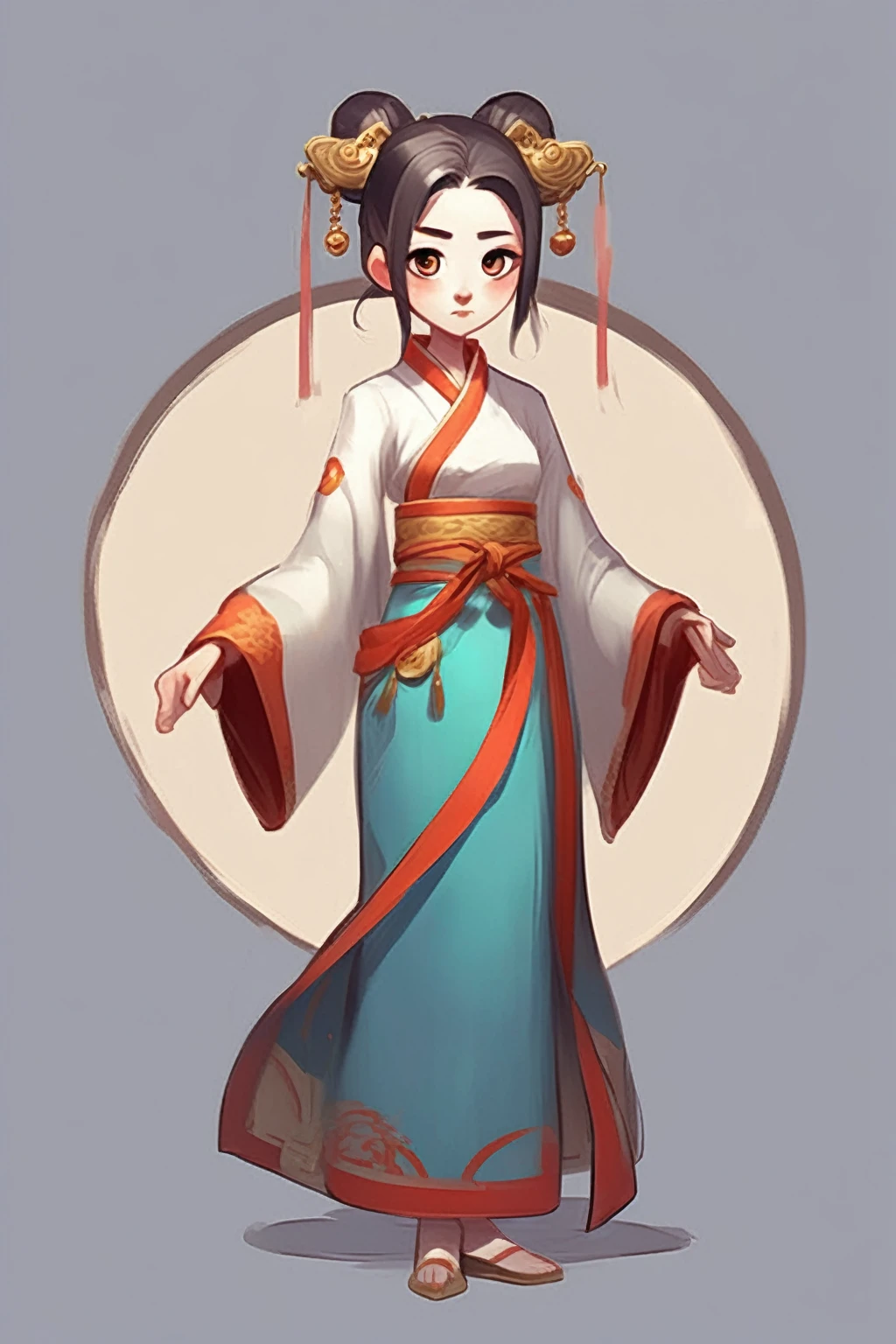 Character Design - Female character design holding a bronze mirror in both hands Hanfu Qixiong skirt Game style Eight-way movement Cartoon art style Elegant and cute expression Colorful and vibrant design Exaggerated or stylized features Dynamic and action-packed poses Whimsical or fantasy effects Unique or magical abilities Expressive eyes and facial features Signature hairstyle or headdress Detailed and smooth animation Charming and cute personality.