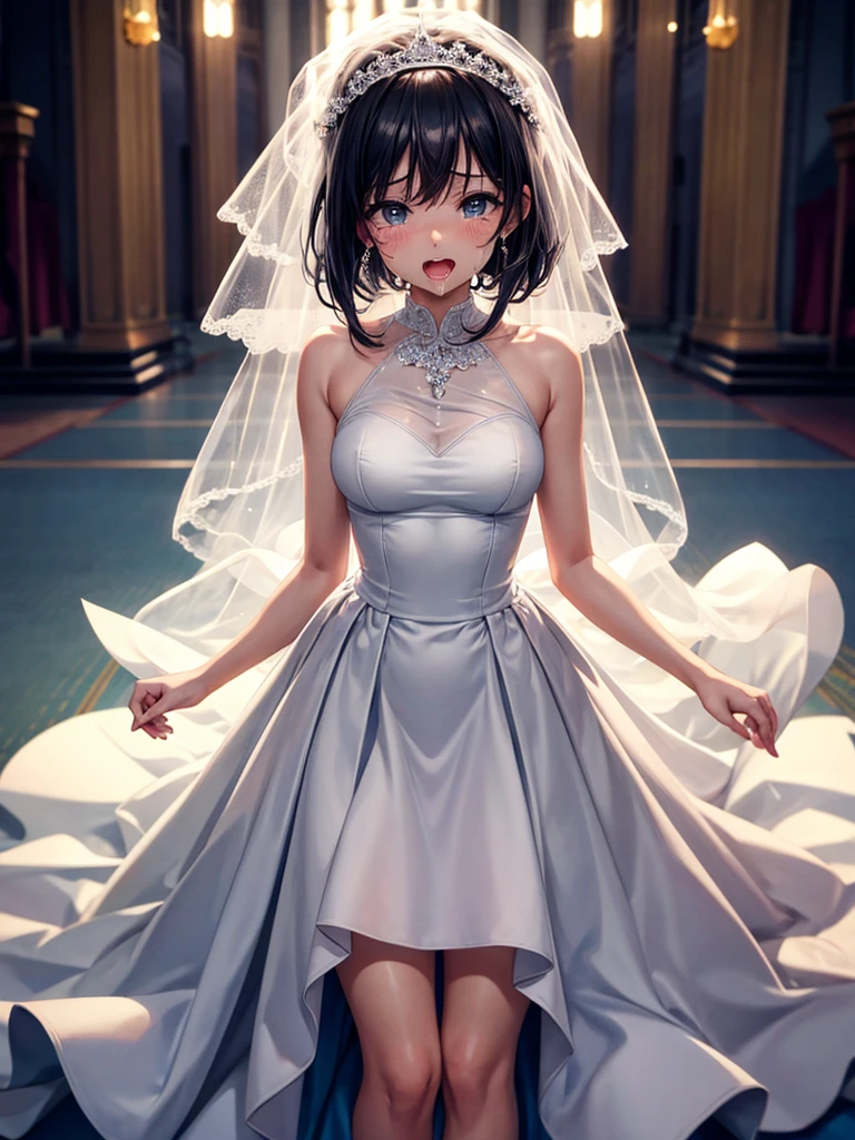 Highest Resolution,Highest quality,１People Girls,beautiful girl,Full body close-up,The body is frontal,looking at the camera,Standing posture,Crying face,Tears,Stringy saliva,Open your mouth,Sticking out tongue,Saliva,Tears overflow,Dripping a lot of saliva,Drooling,In a dress at church at night,Wedding dress,