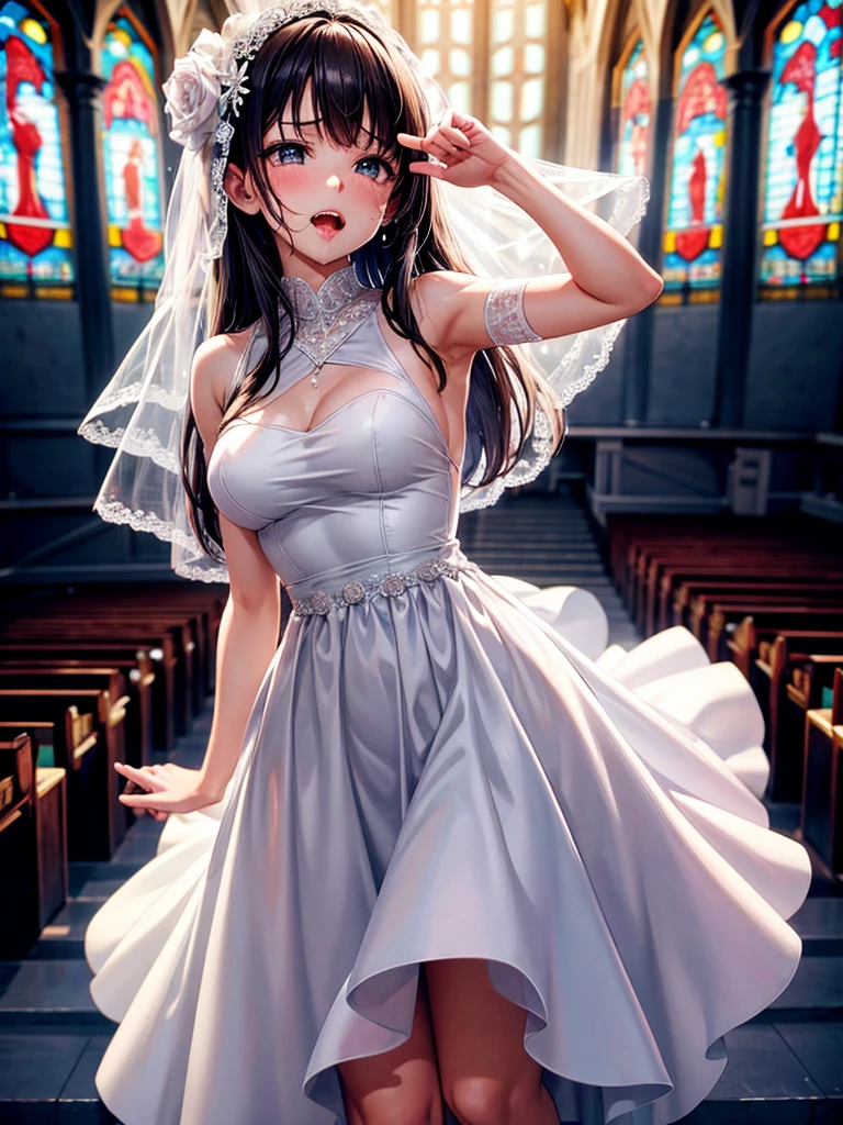 Highest Resolution,Highest quality,1People Girls,beautiful girl,Full body close-up,The body is frontal,looking at the camera,Standing posture,Crying face,Tears,Stringy saliva,Open your mouth,Sticking out tongue,Saliva,Tears overflow,Dripping a lot of saliva,Drooling,In a dress at church at night,Wedding dress,