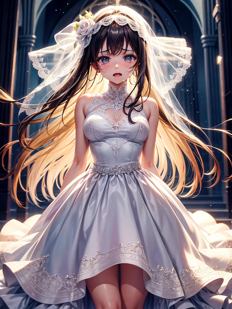 Highest Resolution,Highest quality,１People Girls,beautiful girl,Full body close-up,The body is frontal,looking at the camera,Standing posture,Crying face,Tears,Stringy saliva,Open your mouth,Sticking out tongue,Saliva,Tears overflow,Dripping a lot of saliva,Drooling,In a dress at church at night,Wedding dress,