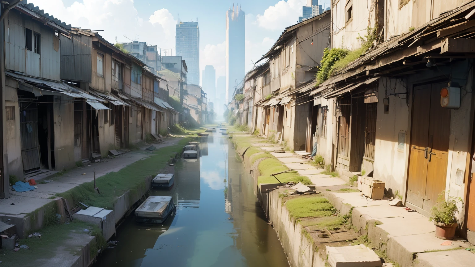 (((Different world scene,Slums,High-rise alley,Roadside ditch,middle Ages))),middle Ages城镇,Narrow streets,Dense high-rise buildings,pollute,rust,