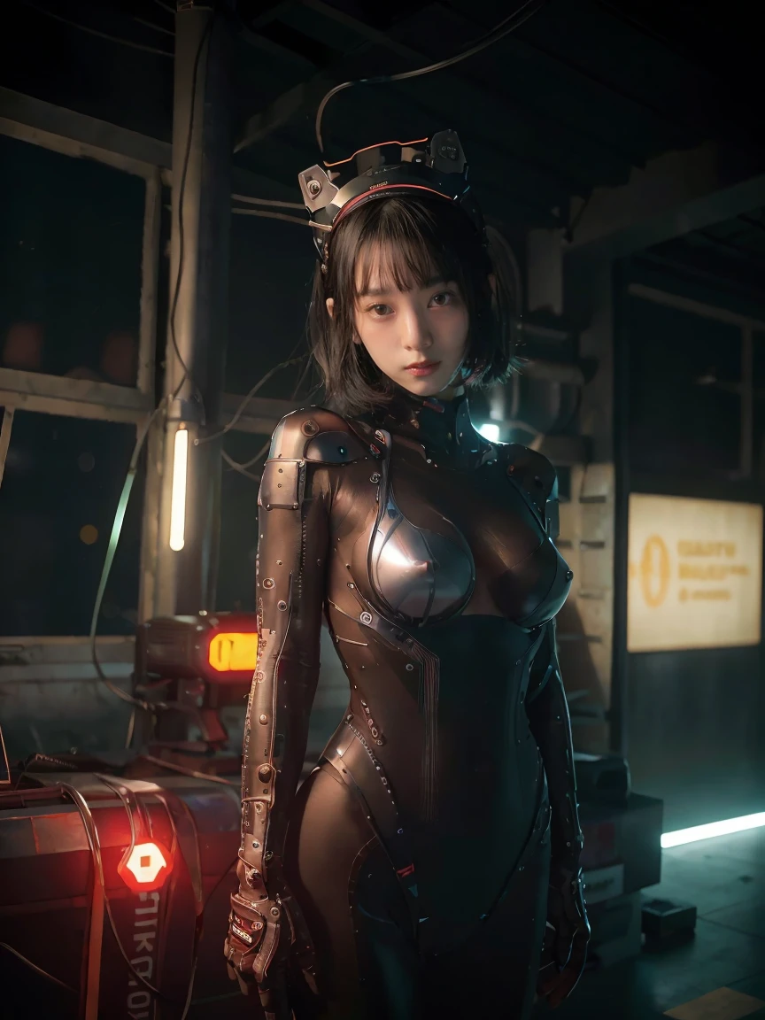 （Part of the skin is a computer）、Highest quality、masterpiece、Ultra-high resolution、(Futuristic machine gunで、knifeを持っている),（Wearing a futuristic hat）、(Photorealistic:1.4)、RAW Photos、1 Girl、Black Hair、Glowing Skin、((1. Mechanical Girl))、((Ultra-Realistic Details))、Portrait、（Mystical Expressions）、（hugeなロケットランチャーを持っています）、explosion、Particles of light、（Small LED Lamp）、Wire tubes that glow all over the body、(With cutting edge weapons),Global Illumination、Shadow、Octane Rendering、8K、Underarm、Super sharp、huge 、Small LED Lamp、Bare skin exposed in the cleavage、Metal、Blood vessels connected to tubes、With weapons、Red bodysuit、Underarm、Cyberpunk city background、Intricate decorative details、More about Japan、Very intricate details、Realistic Light、CGSoation Trend、blue eyes、Shining Eyes、To the camera、Neon Details、（Number tattoo on face）、Mechanical Limbs、Blood vessels connected to tubes、Mechanical vertebrae attached to the back、Attaching a mechanical cervical vertebra to the neck、Wires and cables connected to the head、Gundam、Small LED Lamp、Toostook、Toostook、Futuristic machine gun、knife、(Red Metallic Bodysuit),Big Breasts