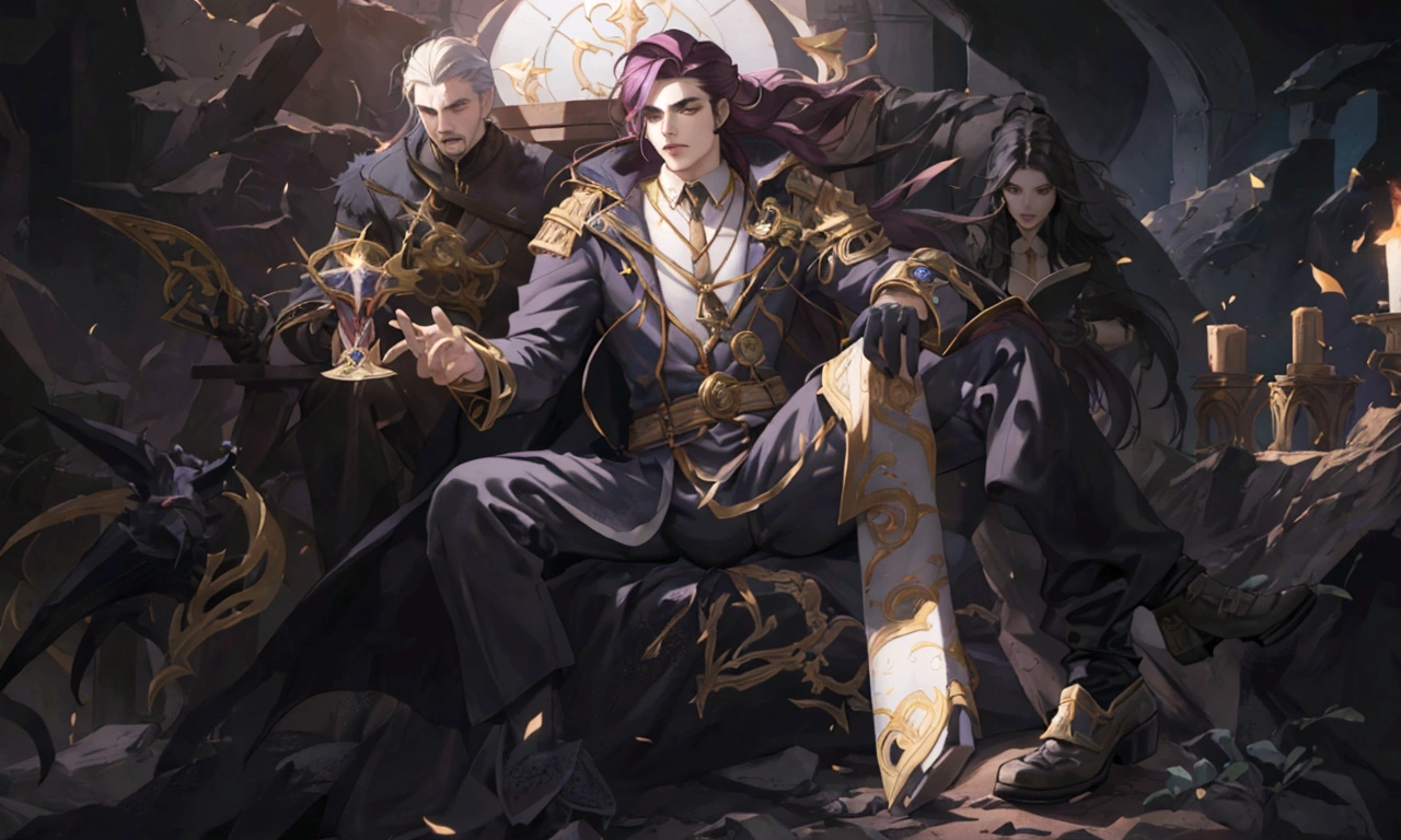 a close-up of a man sitting on a throne with a bunch of people, league of legends character, sylas, league of legends character art, 由杨J, from the league of legends, league of legends concept art, campeão from the league of legends, Arte inicial de League of Legends, league of legends style, style of league of legends, riot games concept art, kda