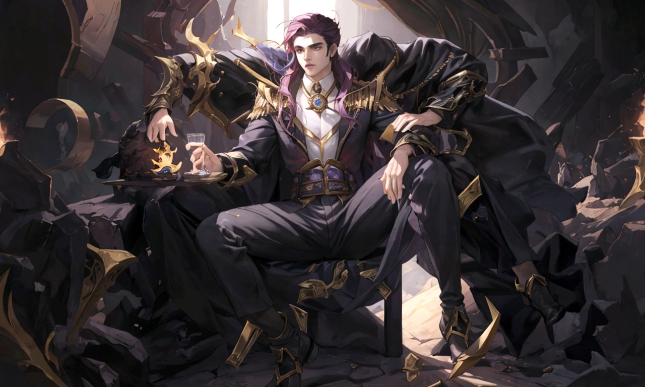 a close-up of a man sitting on a throne with a bunch of people, league of legends character, sylas, league of legends character art, 由杨J, from the league of legends, league of legends concept art, campeão from the league of legends, Arte inicial de League of Legends, league of legends style, style of league of legends, riot games concept art, kda