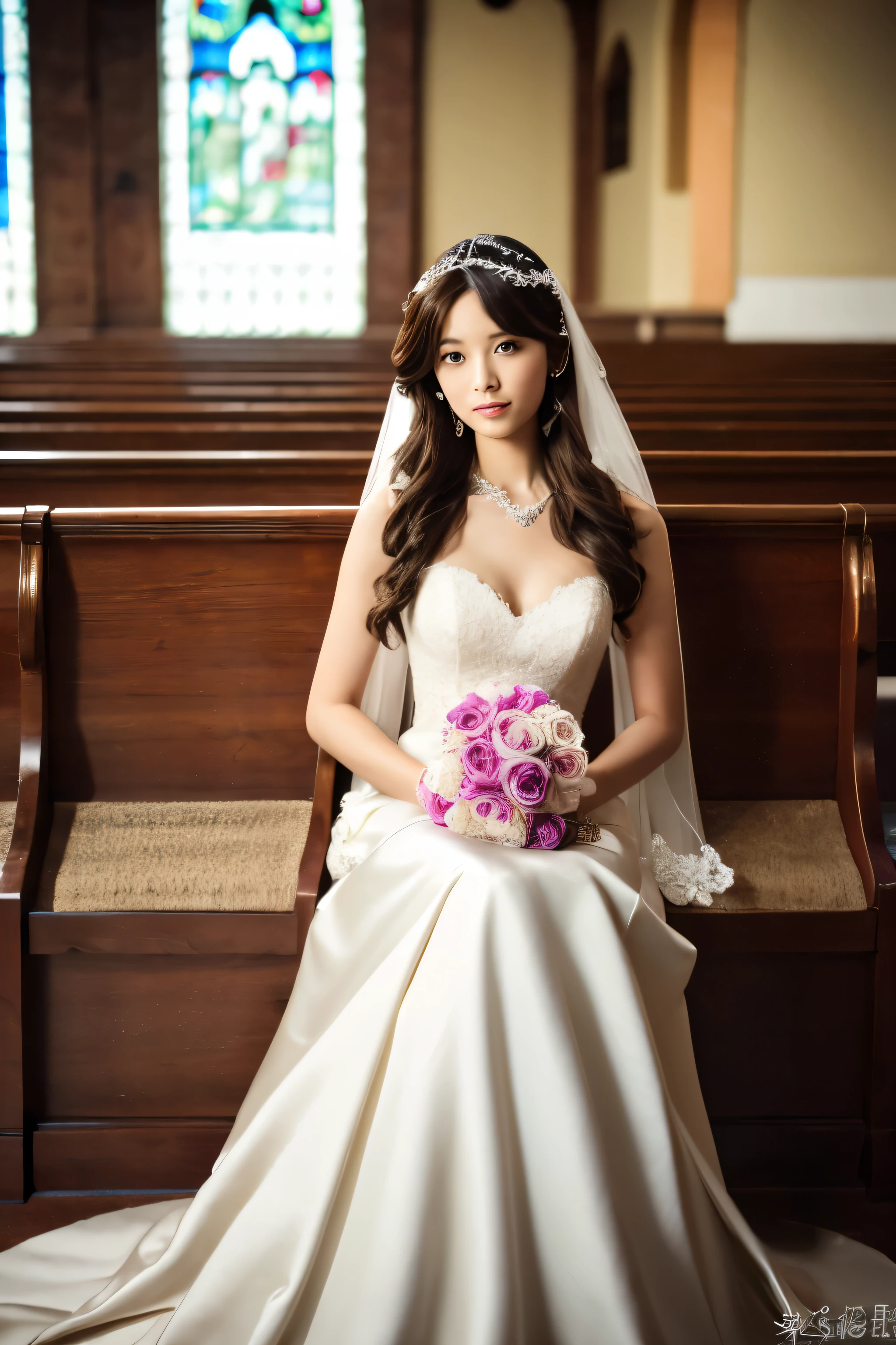 Skinny Japanese woman, Long Wavy Hair, Dark Brown Hair、wear (Wedding dress:1.3), sitting in church. Realistic, Realistic, high quality, Raw photo, Detailed Background, Very detailed, Sharp focus, High resolution, 8K, 超High resolution, Digital SLR, Realistic eyes, Perfect Eyes,Wedding dress、No veil or other head decorations、She is crossing her legs in a seductive pose、Full body photo、Full body photo、