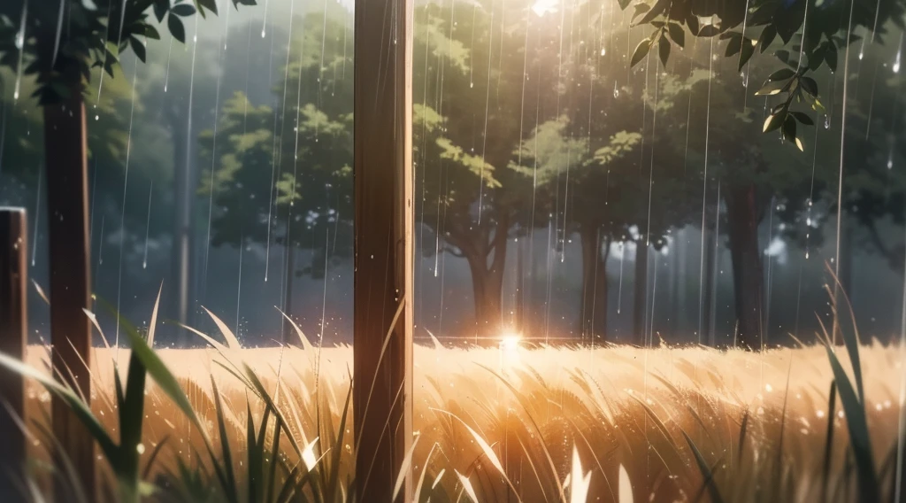 Ultra realistic, masterpiece quality, rain shower in open field ,(( sunlight reflecting through rain drops)), Cinematic, rain drops passing sunlight